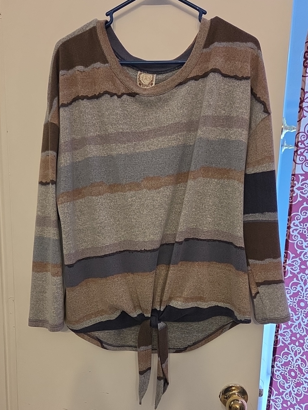 Truself Women’s Striped Tie-Front Long Sleeve Top Brown Gray Blue Pinkish Purple